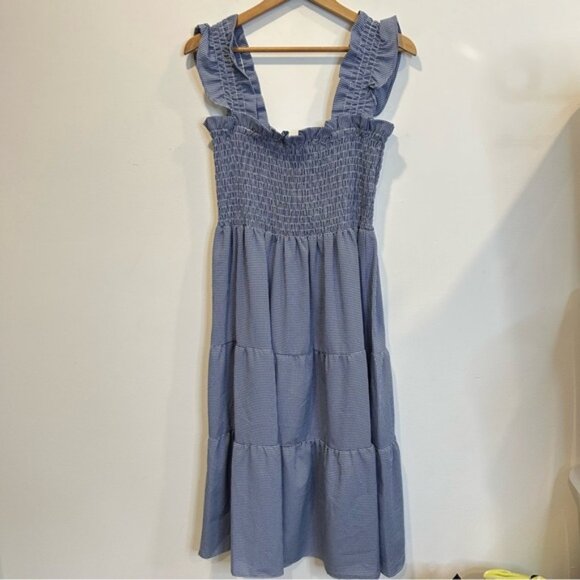 London Times Ruffled Sleeveless Smocked Midi Dress Gingham Blue - Picture 5 of 11